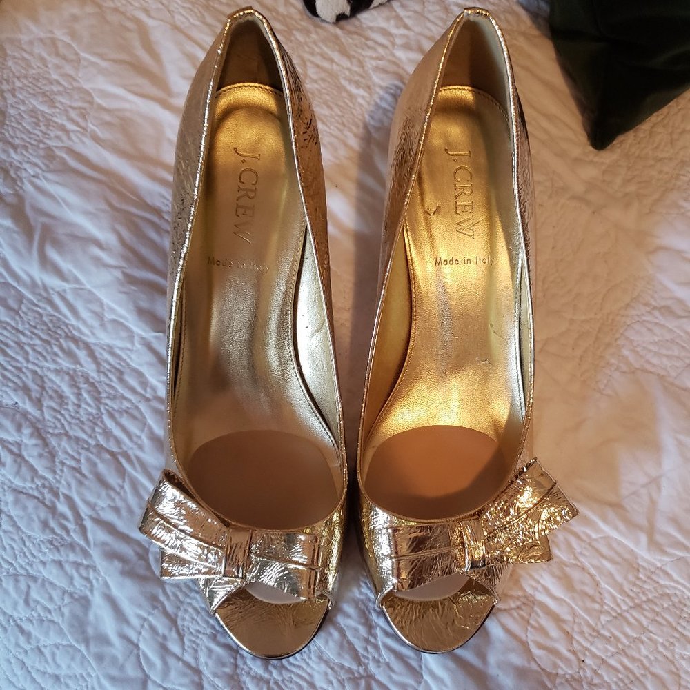 J.Crew gold leather bow heels